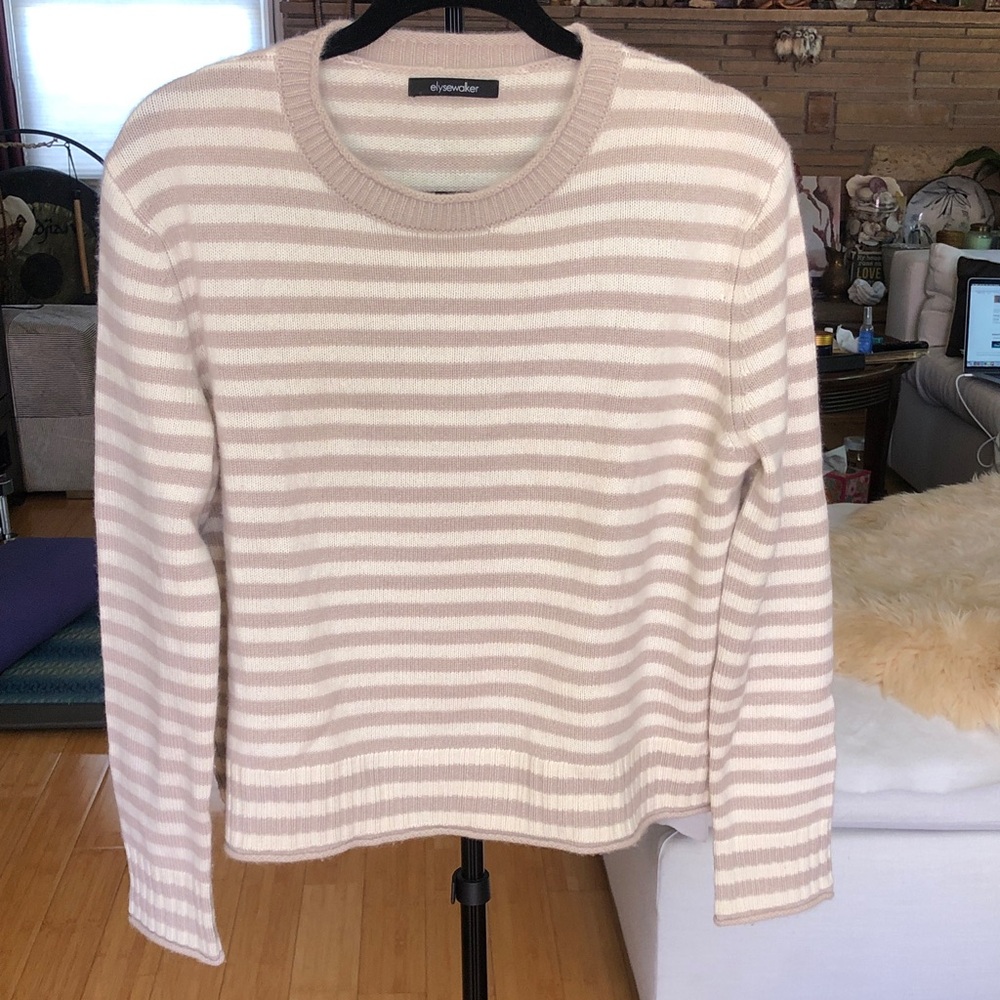 Elyse Walker Taupe and Cream Striped Crewneck Cashmere Sweater